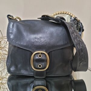 Rare Black Leather Vintage Coach Bleeker Legacy Tattersall Flap Shoulder Bag